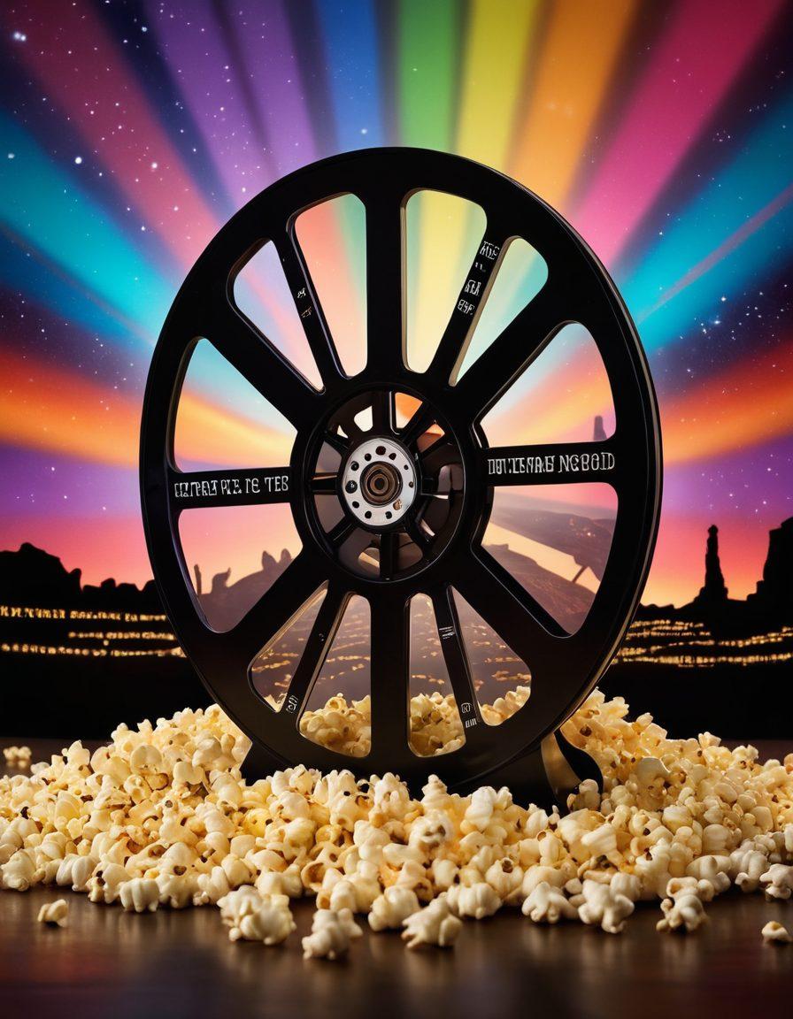A mesmerizing collage of iconic film scenes blending seamlessly into a cinematic landscape, featuring a vintage film reel and popcorn scattered around. A glowing projector casts colorful light beams that illuminate the title 'Unveiling the Magic of Cinema' in a whimsical font. Include elements like film clapperboards and famous movie quotes floating in the background. vibrant colors. cinematic style. high contrast.