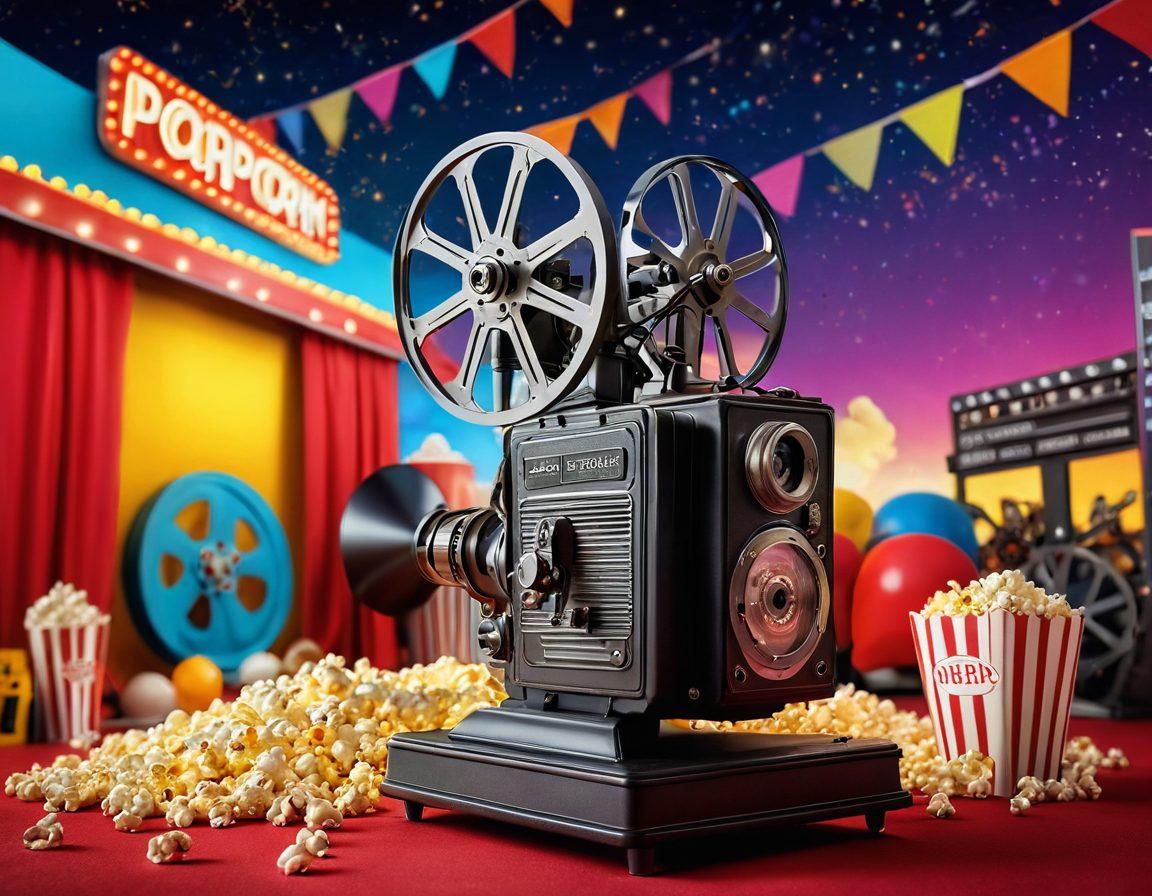 A cinematic landscape featuring a vintage film projector casting vibrant movie trailers against a festival backdrop filled with colorful banners, red carpets, and excited crowds. Include various film icons and symbols like popcorn, clapperboards, and cameras, creating an atmosphere of celebration around cinema. Super-realistic. Vibrant colors. 3D.