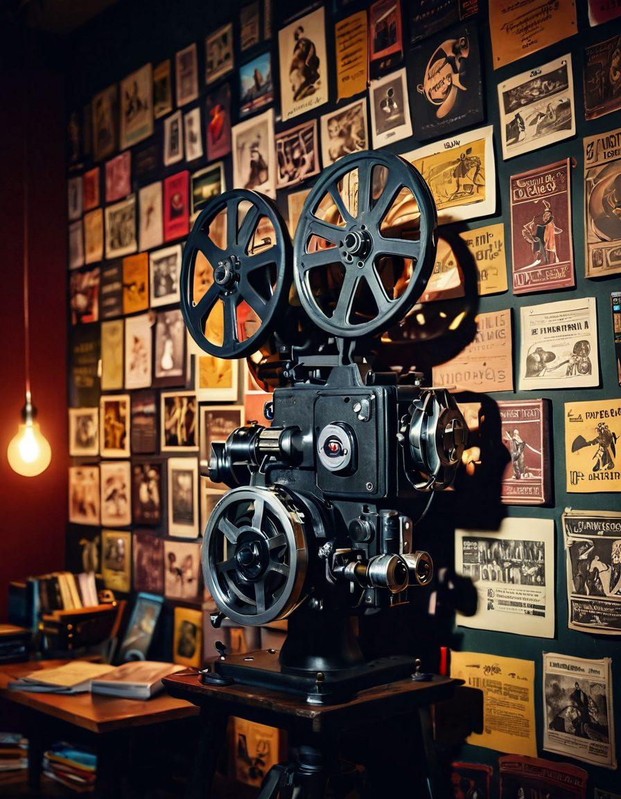 A captivating cinematic scene featuring a vintage film projector casting colorful film reels onto a blank wall, surrounded by critics and filmmakers engaged in animated discussions. Include film posters and a cozy atmosphere filled with books and refreshments, emphasizing the art and craft of film critique. atmospheric lighting. super-realistic. vibrant colors.